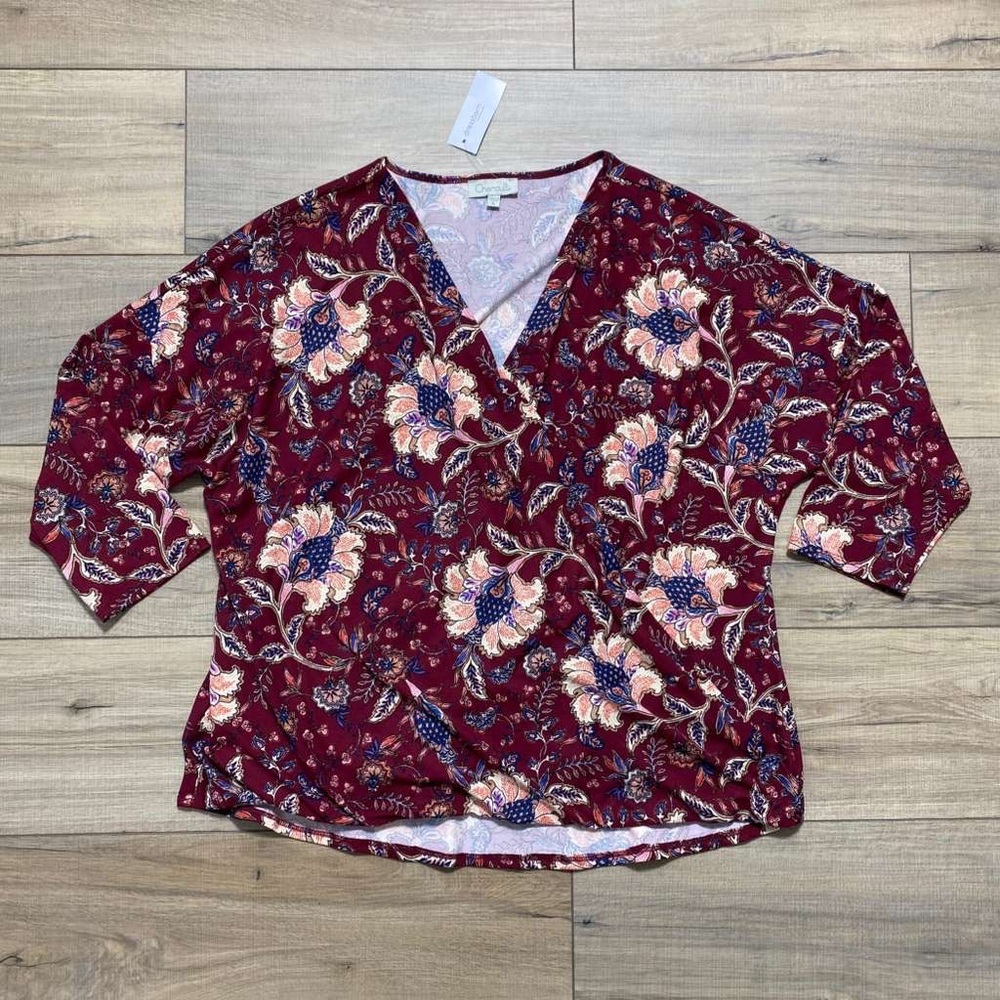 Chenault Womens Floral Faux Wrap‎ Long Sleeve Top Size XL Burgundy